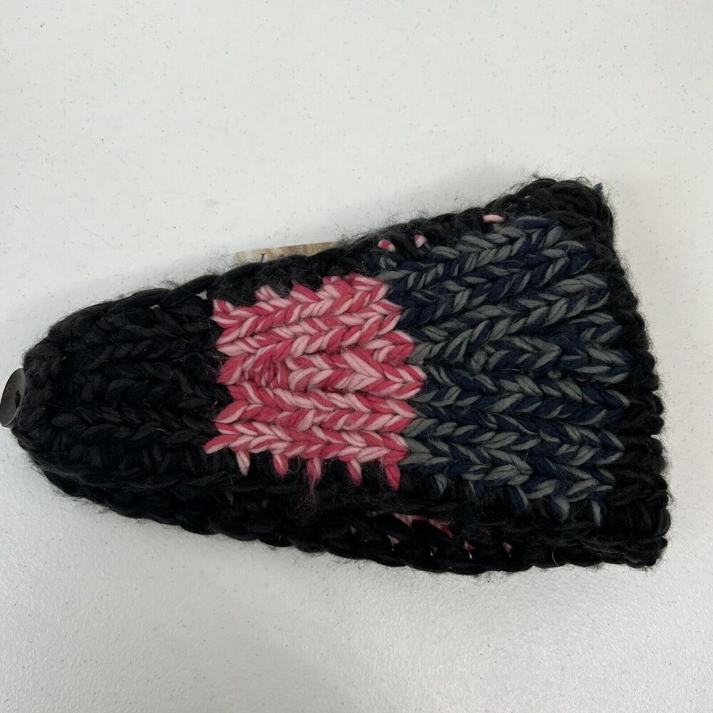 Crochet Hand Knit Headwrap Flower Accent Knit Black Pink Button Close Adjustable - Picture 9 of 9